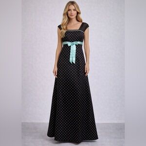 Jessica McClintock Retro Inspired Gunne Sax Line Gown Black and Aqua polka dots.